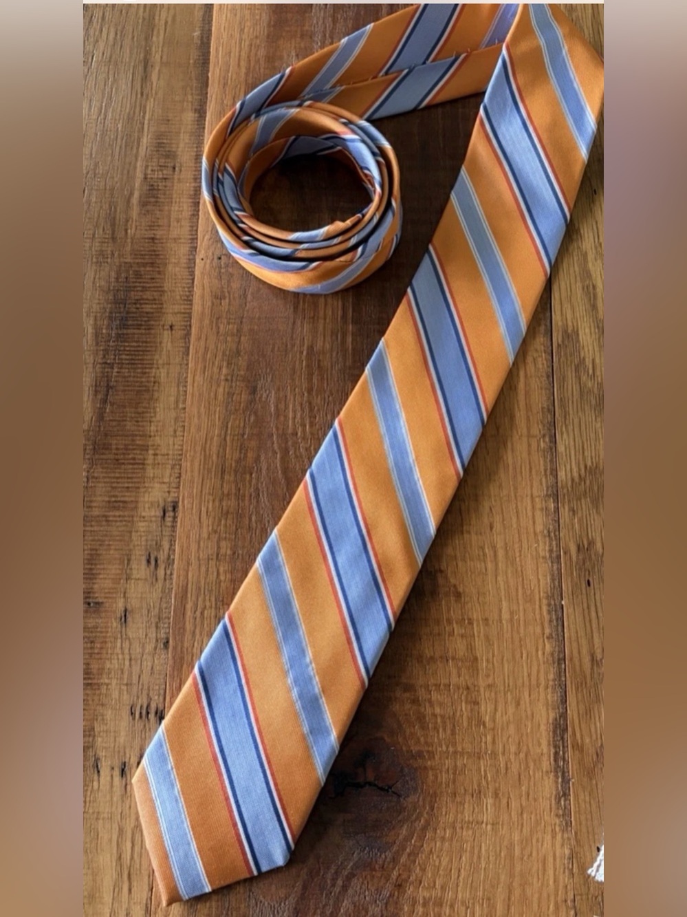 CHAPS Men's 100% Silk Tie Orange & Blue Striped Necktie Business